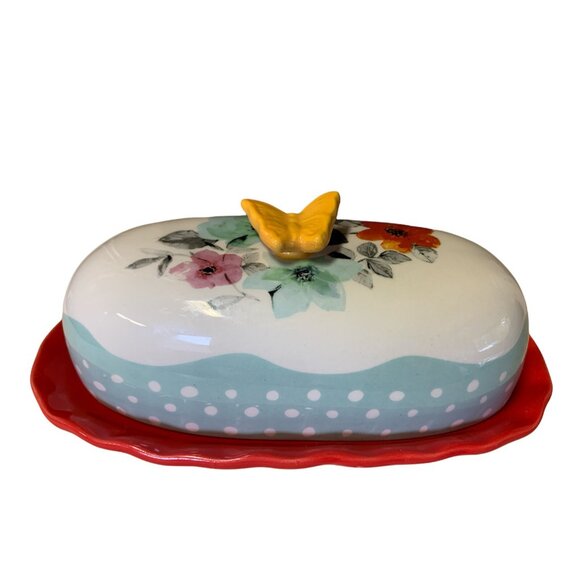 The Pioneer Woman Flea Market Decorated Floral 6.4" Butter Dish Butterfly 2 Pc - Picture 2 of 5